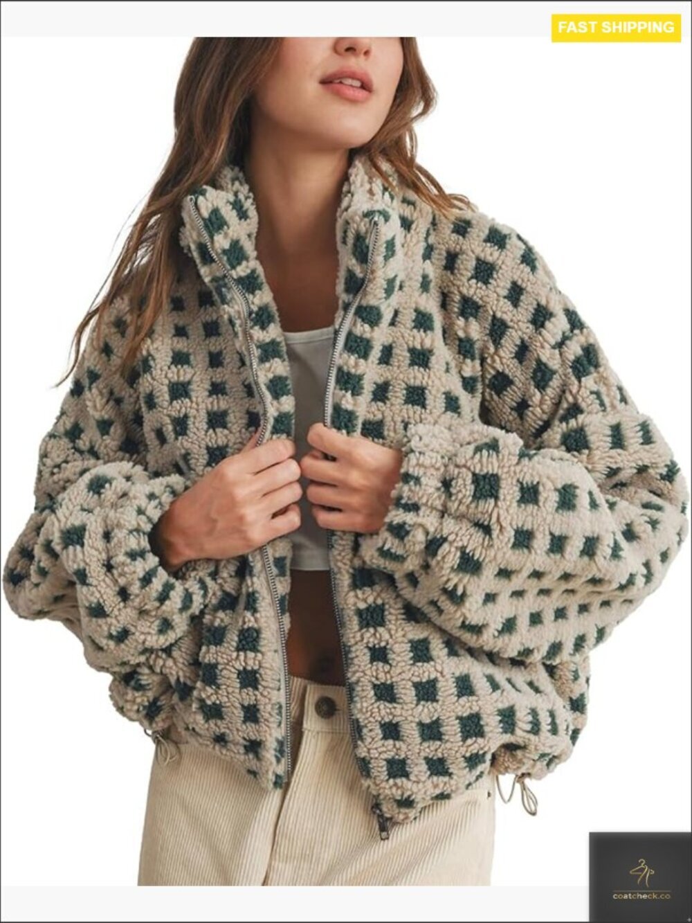Cropped Checkered Sherpa Jacket Long Sleeve Zip Up Fleece Plaid Gingham Casual